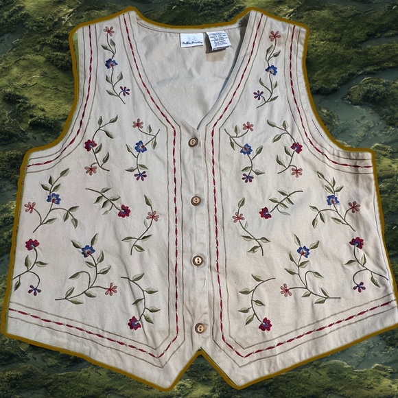 VINTAGE woodland embroidered wildflower vest 100% cotton floral button front 90s - Picture 1 of 13